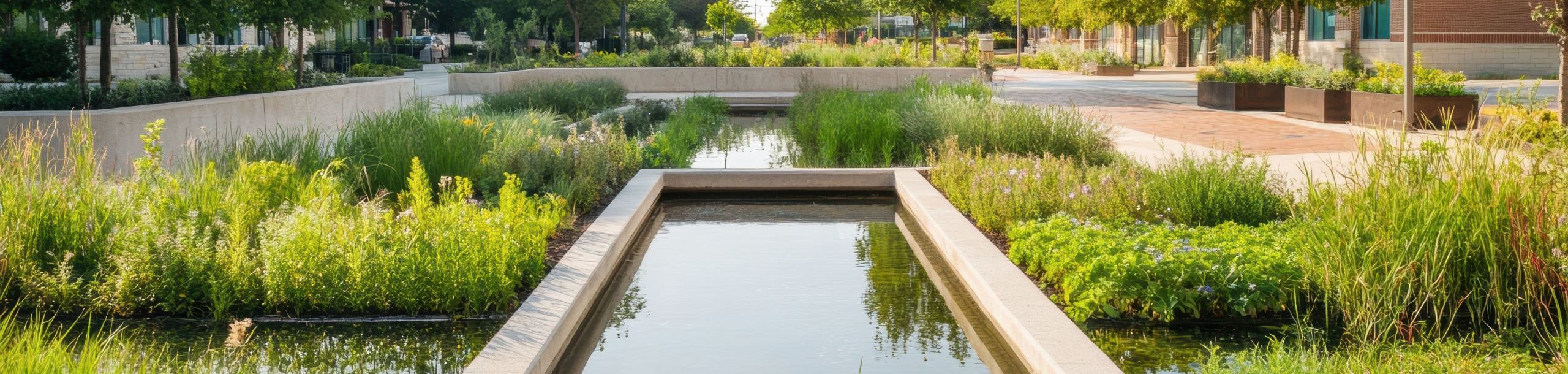 Regenerative Urban Water Design Advanced Stormwater Rain Garden Showcasing Climate-Resilient Landscape Architecture for Sustainable City Infrastructure